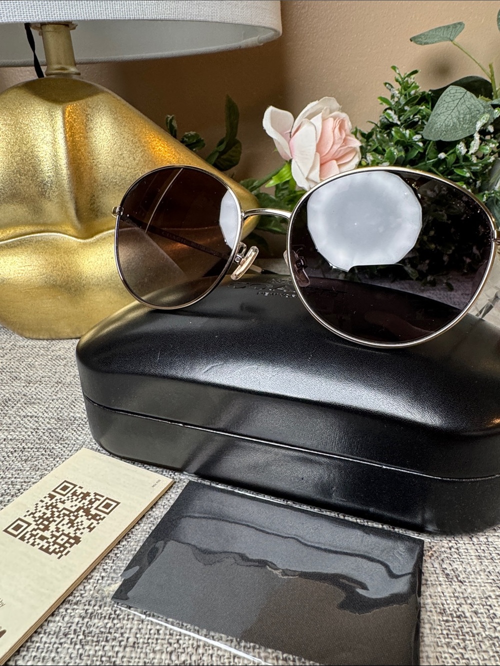 Coach Gold Metal Round Sunglasses with Brown Gradient Lenses
